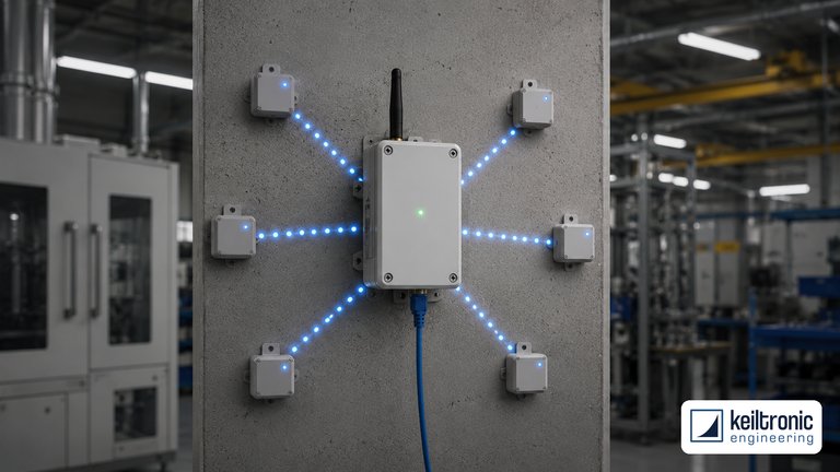 Weiße Basisstation mit Antenne und Netzwerkkabel an einer Betonsäule in einer Industriehalle, umgeben von sechs kleinen Funkknoten mit angedeuteten Verbindungslinien