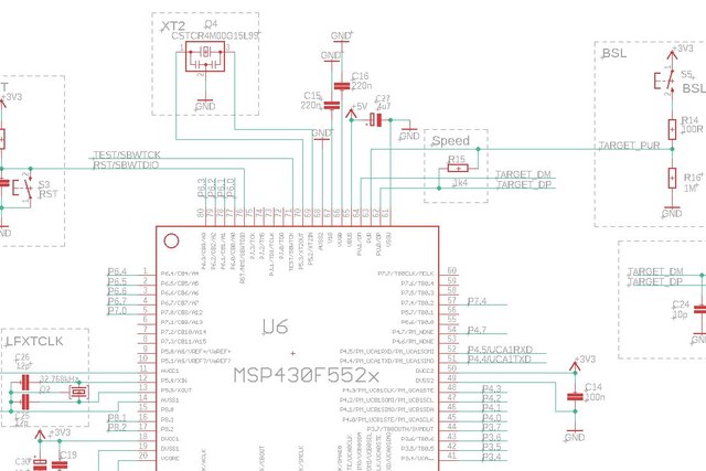 Schaltplanausschnitt: Mikrocontroller mit Takt-, Reset- und Schnittstellenbeschaltung