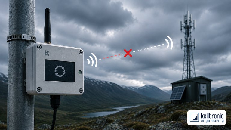Feldgerät mit Antenne an einem Mast vor Berglandschaft; die gestrichelte Funkverbindung zum fernen Sendemast ist mit einem roten Kreuz unterbrochen