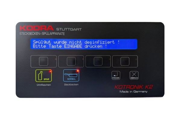 Bedienpanel einer Gerätesteuerung: schwarze Folientastatur mit blauem Textdisplay, Wahltasten und Statusleuchten