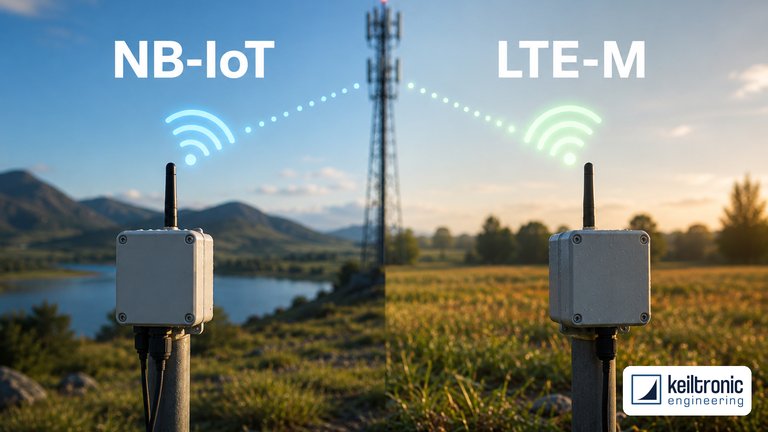 Split field scene under the labels NB-IoT and LTE-M: two radio devices on poles with a cell mast between them and indicated radio links