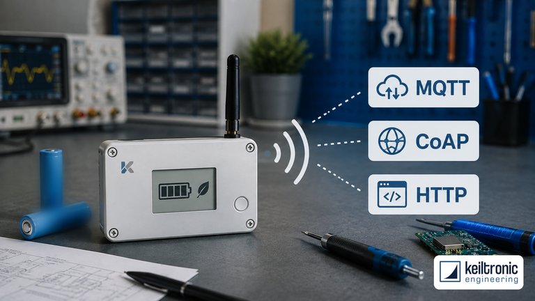 Batteriebetriebenes Funkgerät mit Antenne auf der Werkbank, links Akkuzellen, rechts eingeblendete Kärtchen mit MQTT, CoAP und HTTP