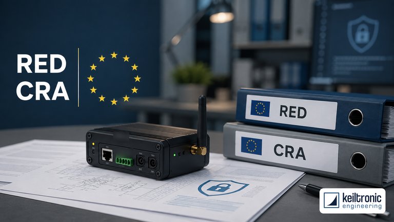 Schwarzes Funkgerät mit Antenne auf technischen Unterlagen, dahinter zwei Aktenordner mit EU-Flagge und den Aufschriften RED und CRA